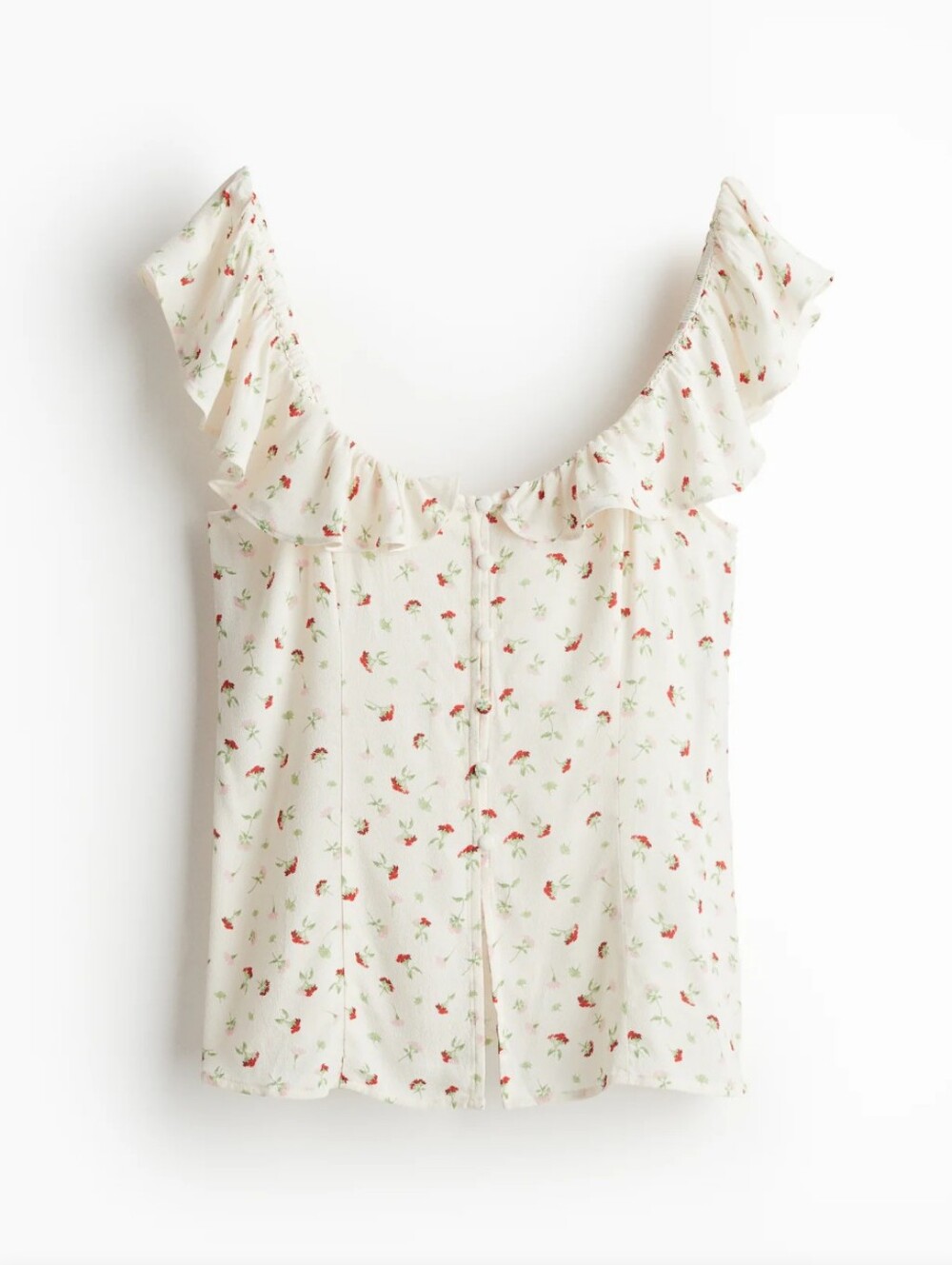 Floral Ruffle Square-Neck Top - Cream with Red Floral XXL